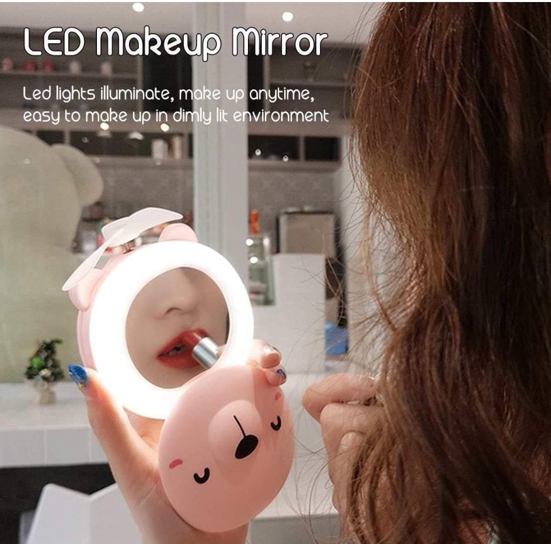 Mini Cartoon Make Up/Mirror with LED Lights USB Fan - Image 4