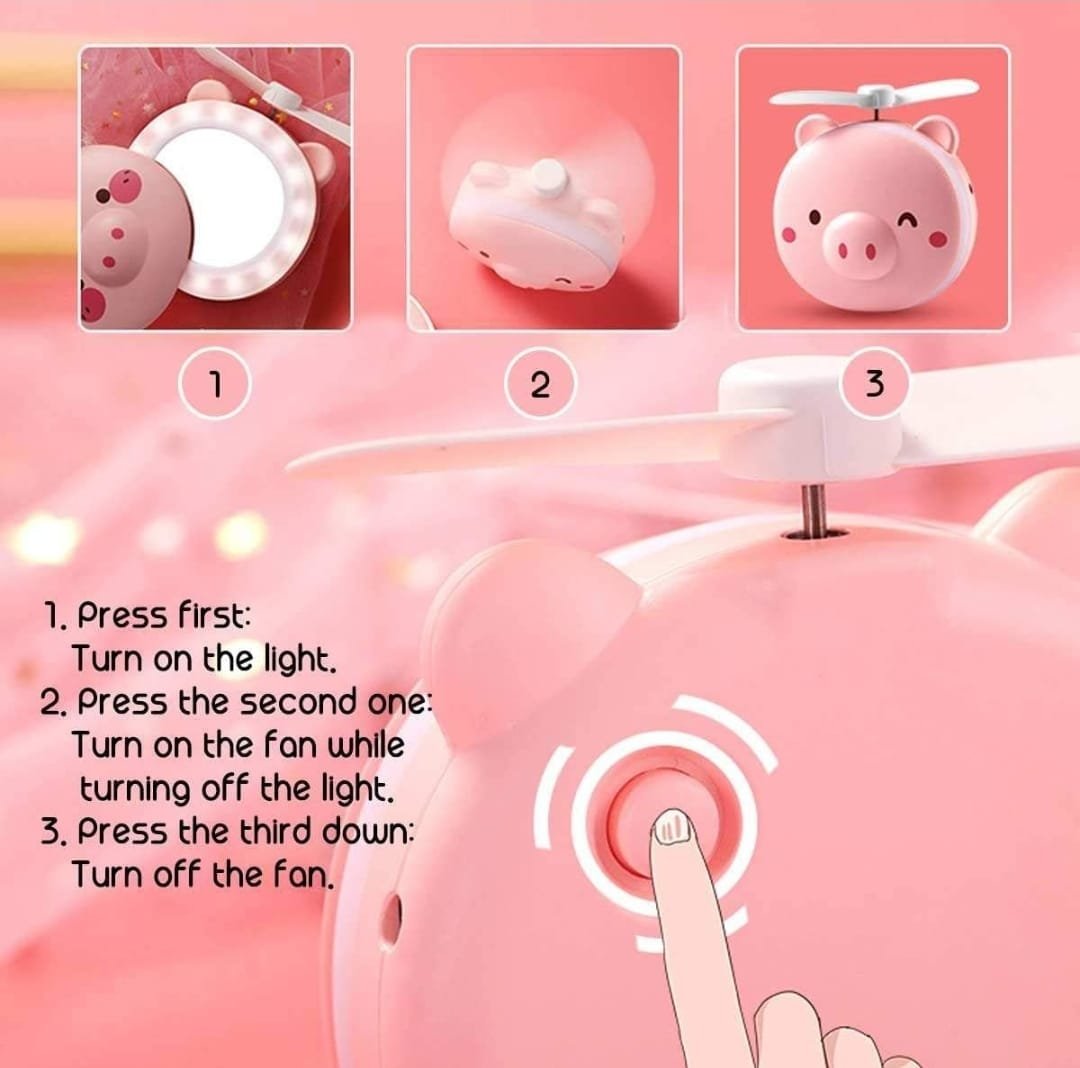 Mini Cartoon Make Up/Mirror with LED Lights USB Fan - Image 3
