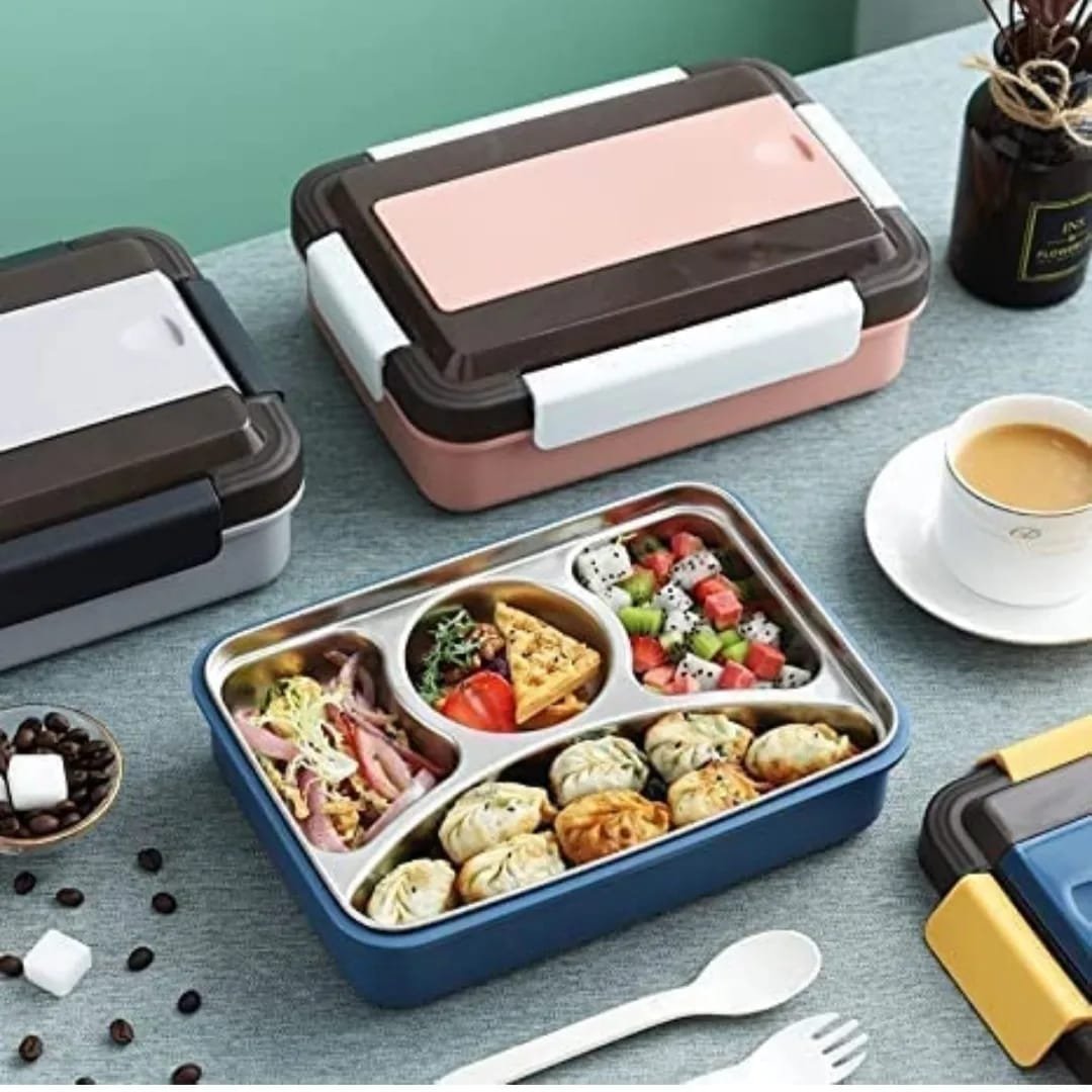 Insulated Stainless Steel 4 Compartment Lunch Box For Boys/Girls/School/Office-Multicolour