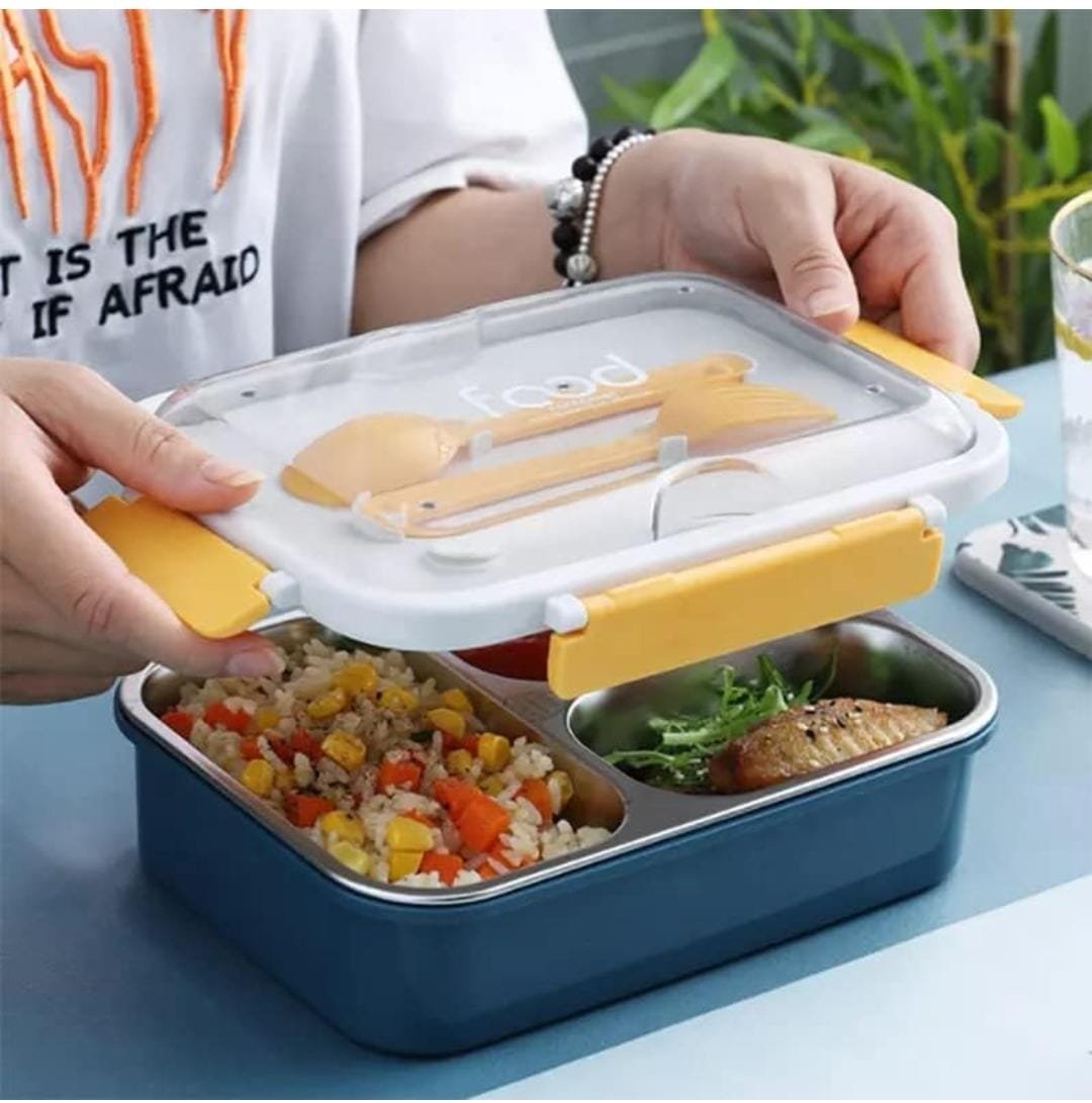 Stainless Steel 3 Compartment Lunch Box For Boys/Girls/School/Office-Multicolour