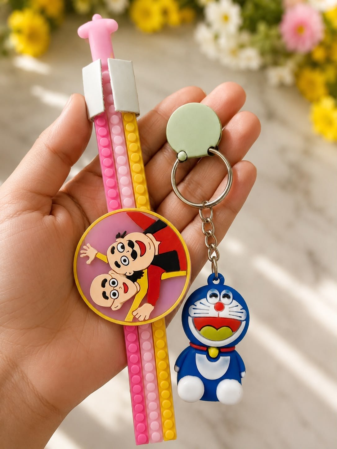 Motu Patlu Silicone Slap Band Rakhi with Doraemon Keychain for Kids,LED Light & Roli Tikka | Raksha Bandhan Gift