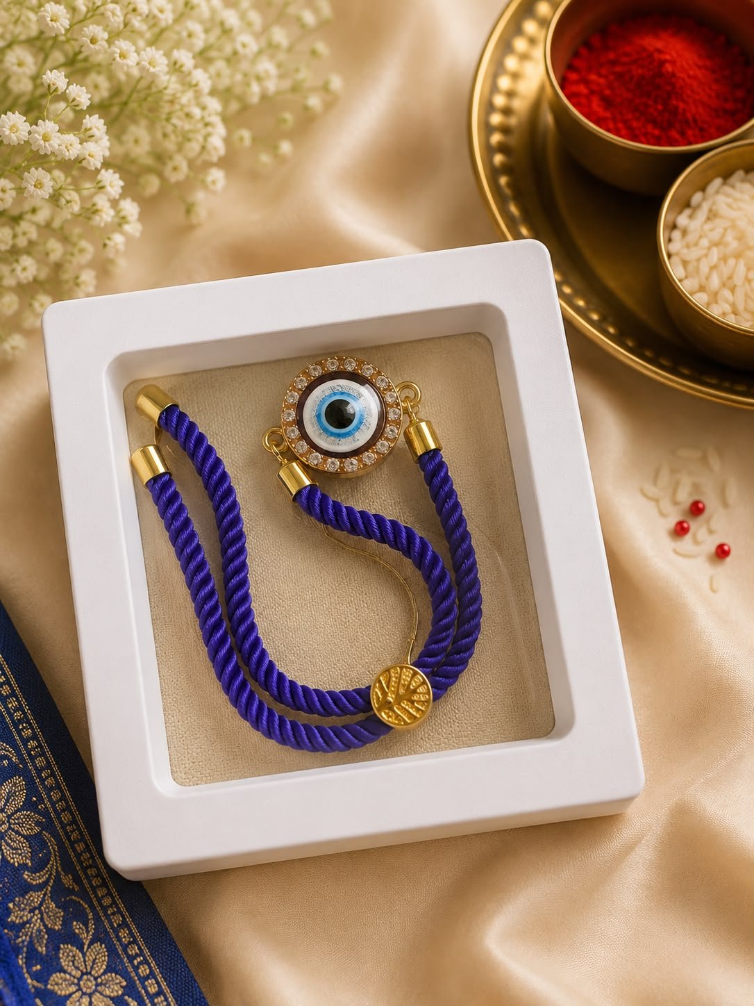 Premium Evil Eye Adjustable Rope Rakhi with Jewelley Gift Box included & Roli Tikka