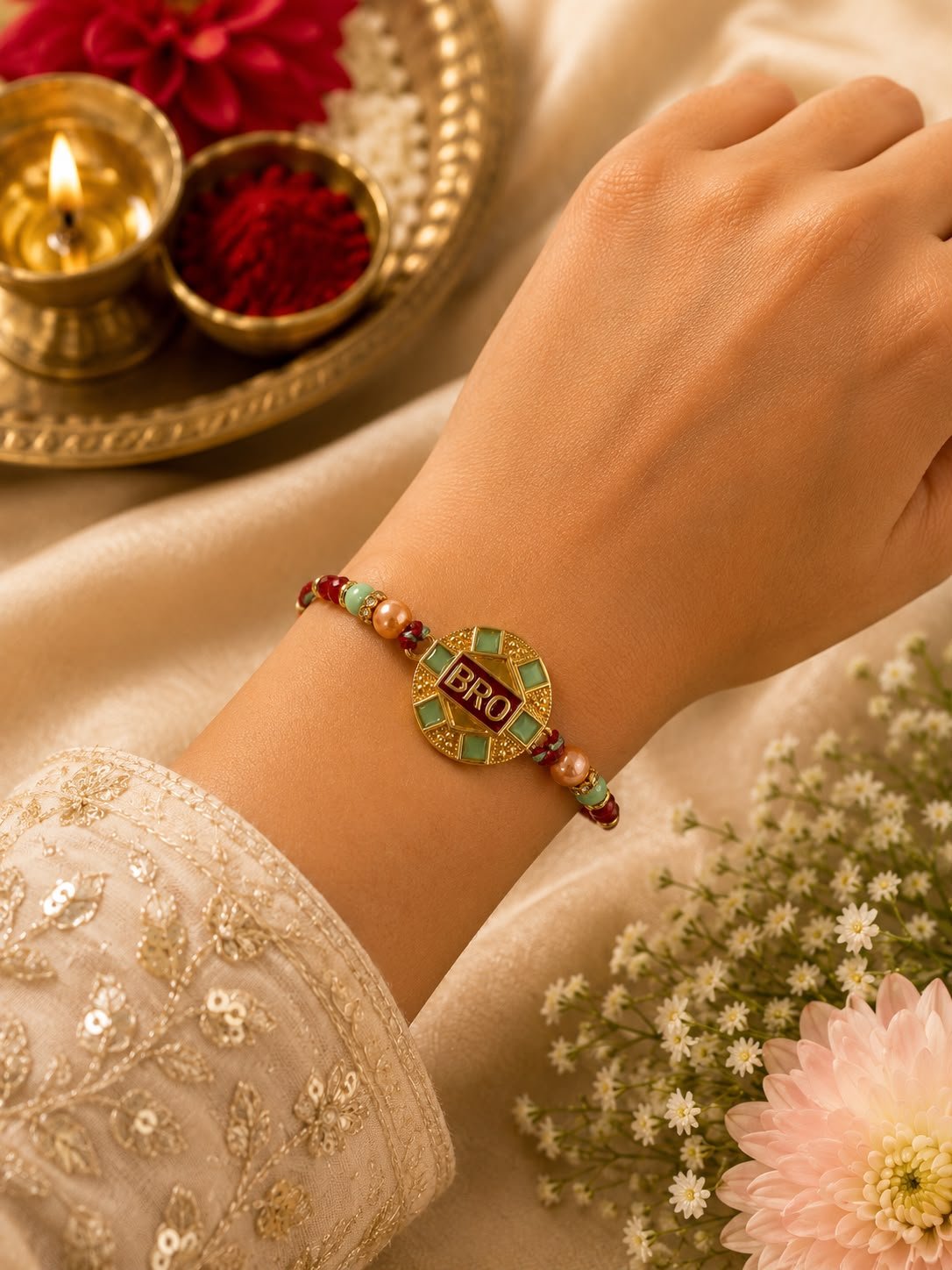 BRO Designer Rakhi for Brother | Premium Beaded Handmade Rakhi with Roli Tikka| Raksha Bandhan Special / Rakhi Pack of 2 - Image 2