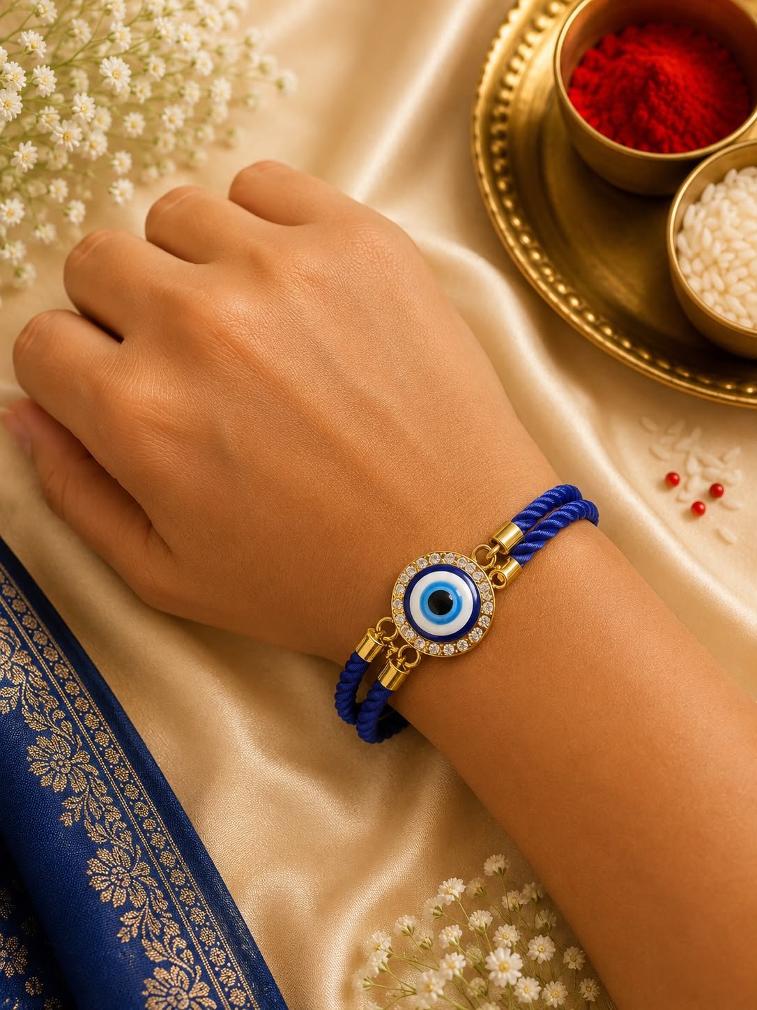 Premium Evil Eye Adjustable Rope Rakhi with Jewelley Gift Box included & Roli Tikka - Image 2