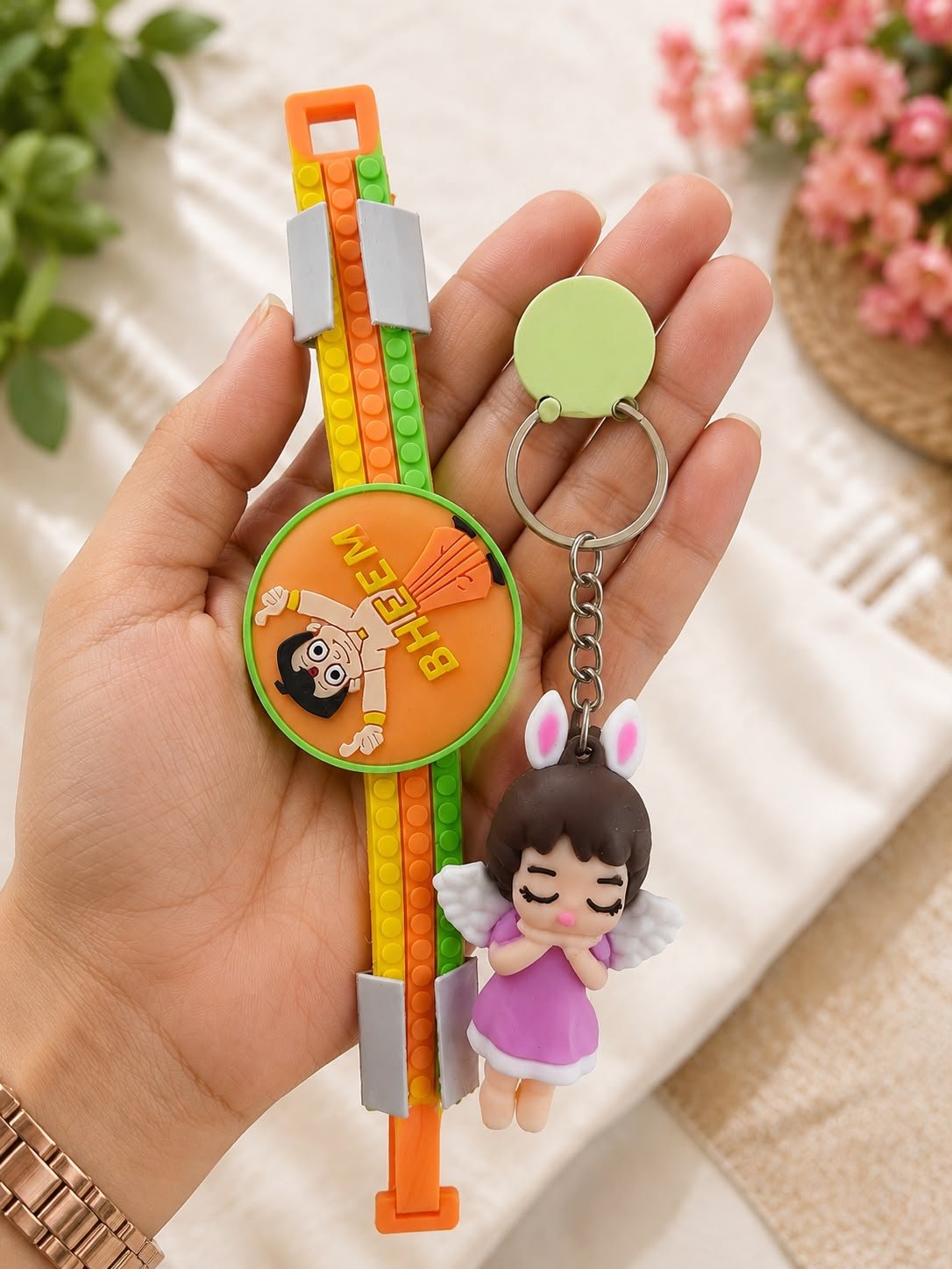 Chhota Bheem Silicone Slap Band Rakhi with Angel Girl Keychain for Kids,LED Light & Roli Tikka | Raksha Bandhan Gift