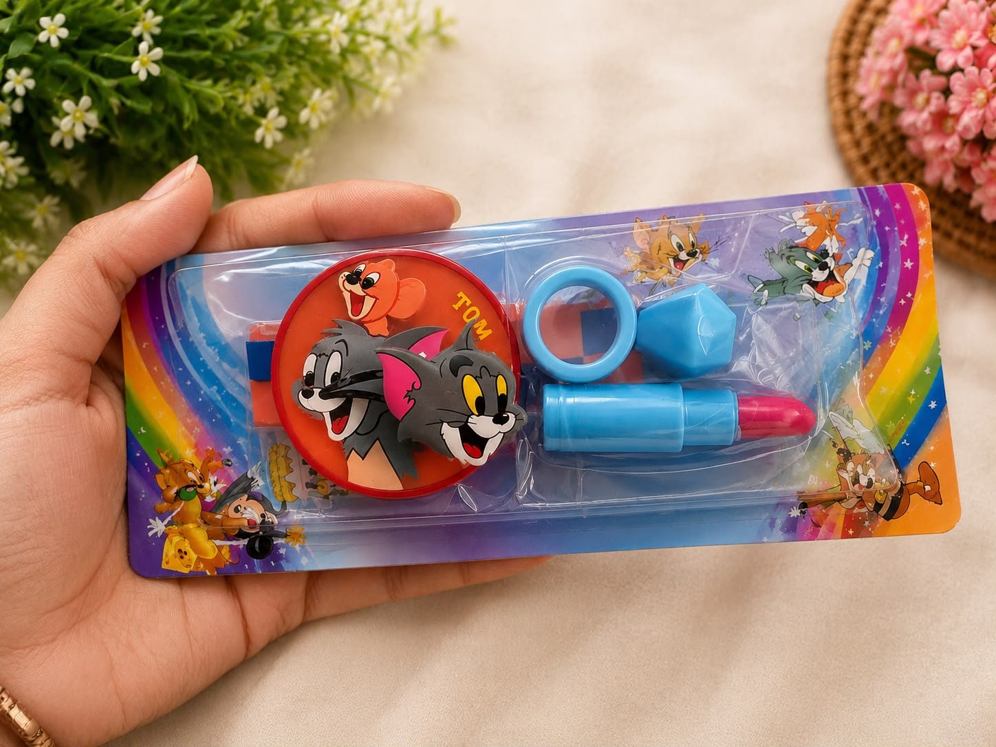 Tom & Jerry Kids Silicone Wrist Spinner Band Rakhi with Lipstick Ring Eraser