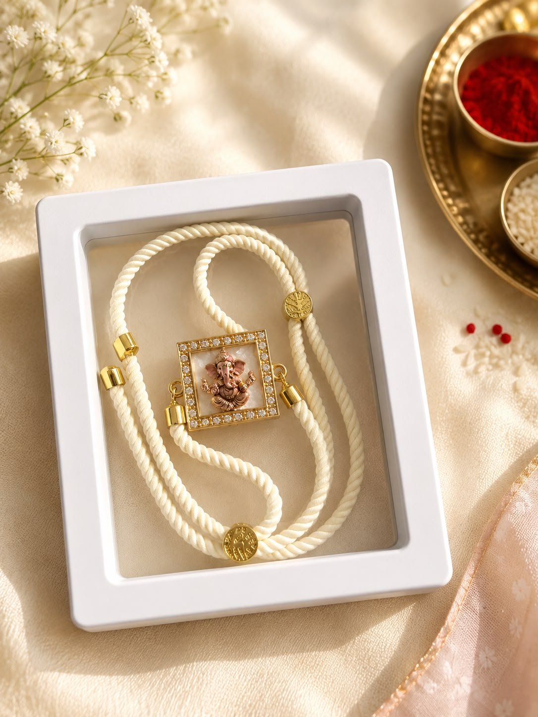 Premium Lord Square Shape Ganesha Adjustable Rope Rakhi with Gift Box included & Roli Tikka