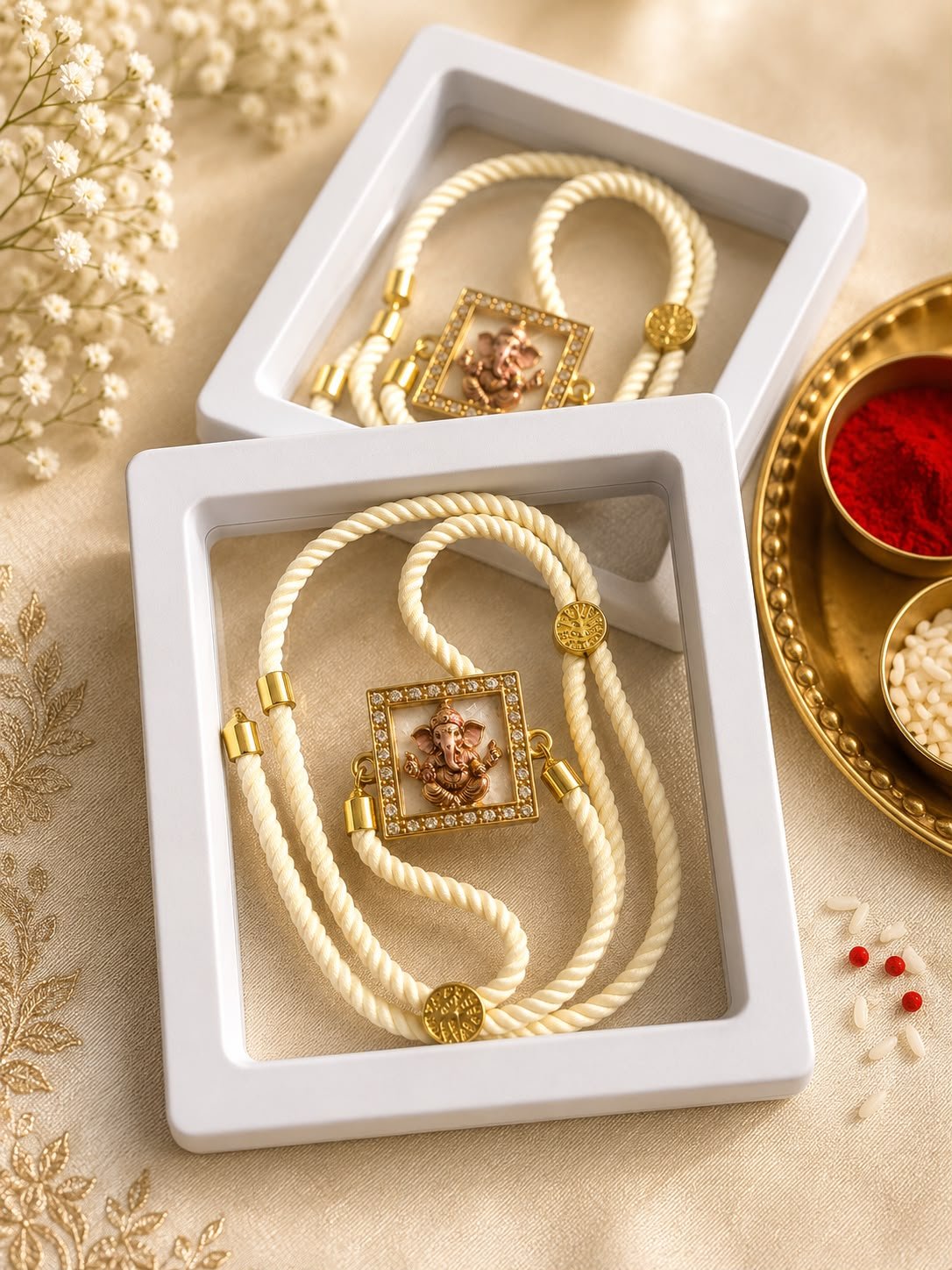 Premium Lord Square Shape Ganesha Adjustable Rope Rakhi with Gift Box included & Roli Tikka - Image 2