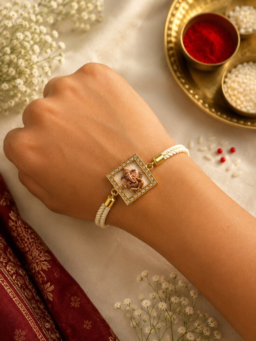Premium Lord Square Shape Ganesha Adjustable Rope Rakhi with Gift Box included & Roli Tikka - Image 3