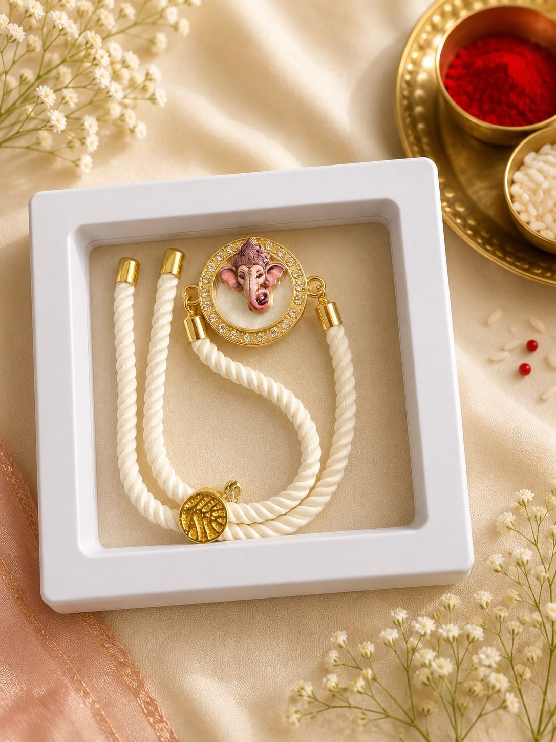 Premium Lord Ganesha Round Designer Rope Rakhi with Gift Box included & Roli Tikka