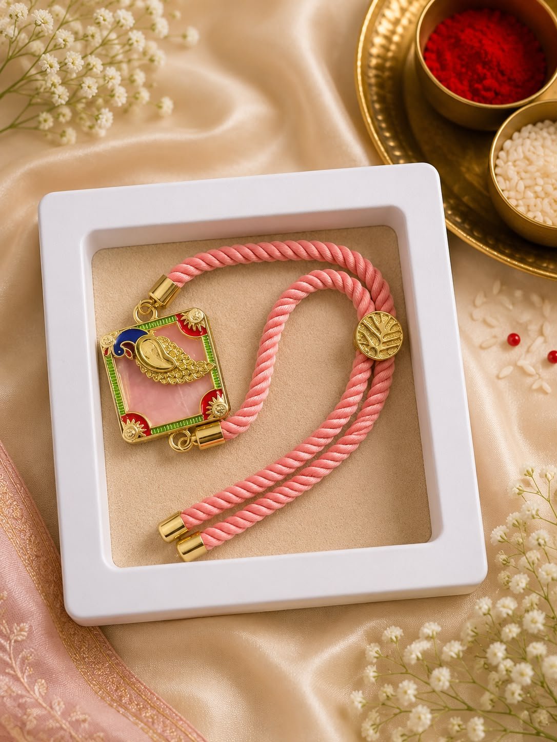 Premium Peacock Designer Adjustable Rope Rakhi with Gift Box included & Roli Tikka