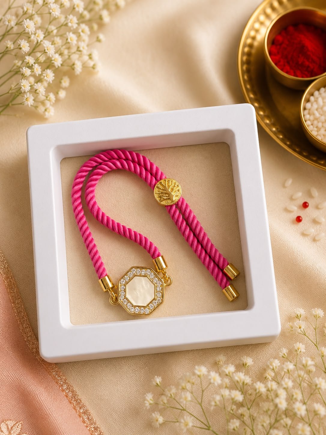 Premium Octagon Pearl Designer Rope Rakhi with Gift Box included & Roli Tikka