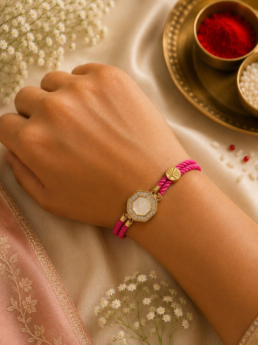 Premium Octagon Pearl Designer Rope Rakhi with Gift Box included & Roli Tikka - Image 2