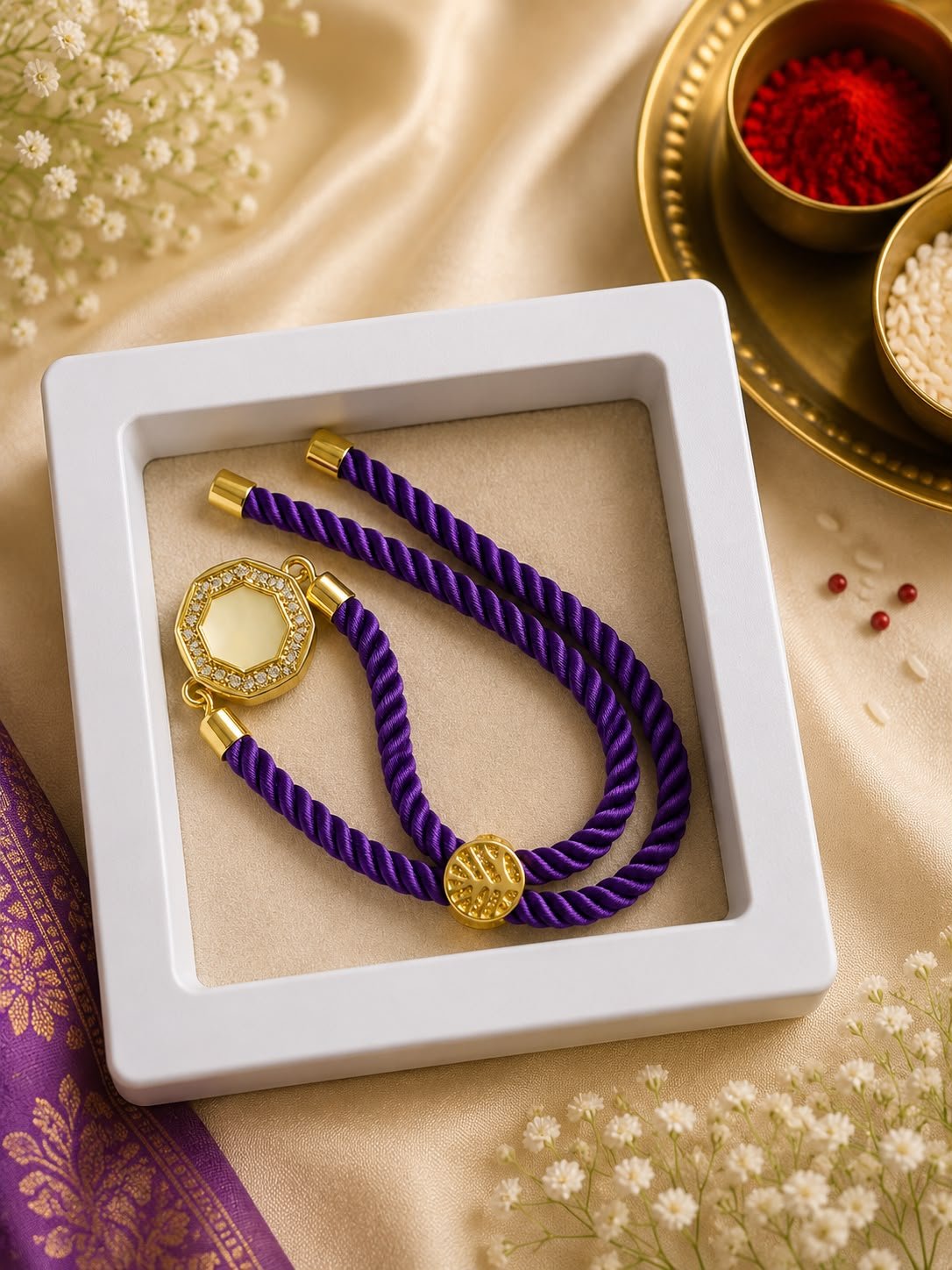 Premium Royal Purple Octagon Designer Rope Rakhi with Gift Box included & Roli Tikka