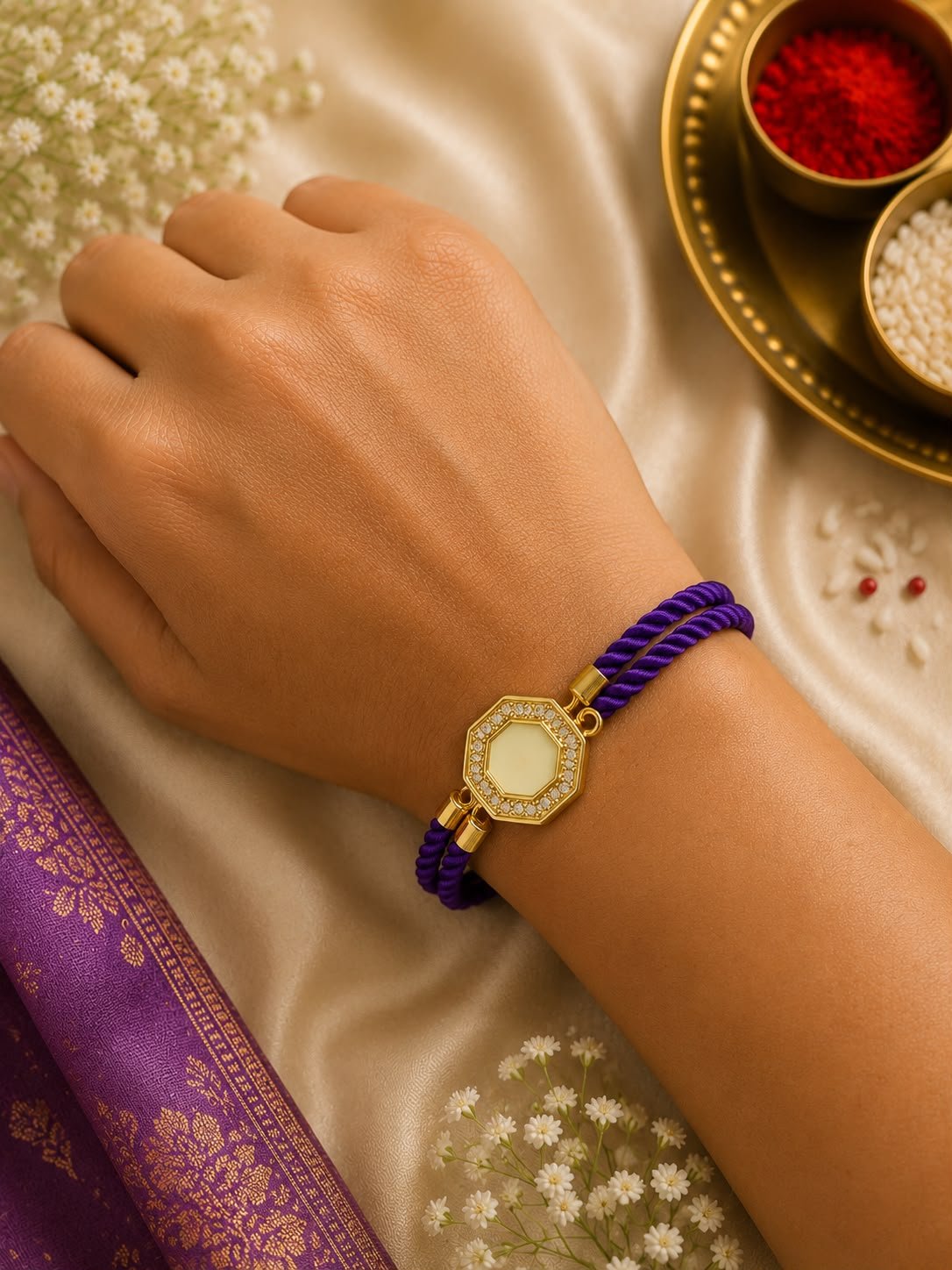 Premium Royal Purple Octagon Designer Rope Rakhi with Gift Box included & Roli Tikka - Image 2