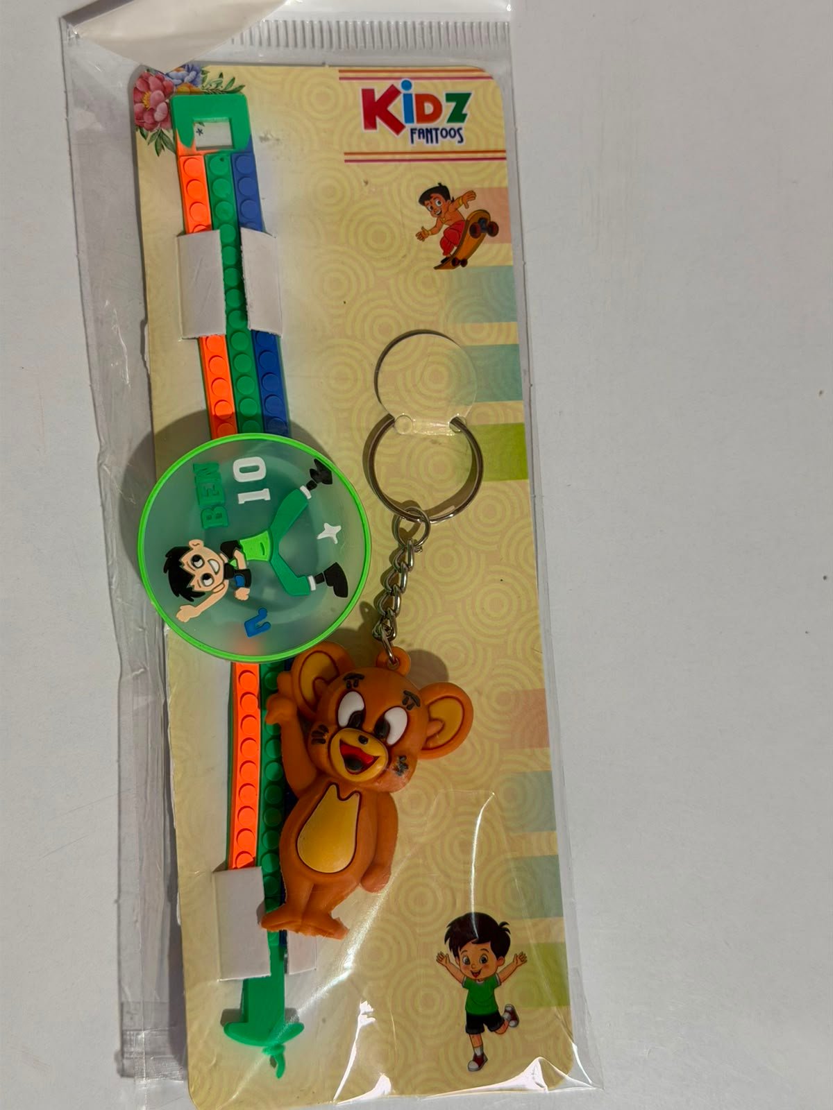 Ben 10 Silicone Slap Band Rakhi with Jerry Mouse Keychain for Kids,LED Light & Roli Tikka | Raksha Bandhan Gift - Image 2