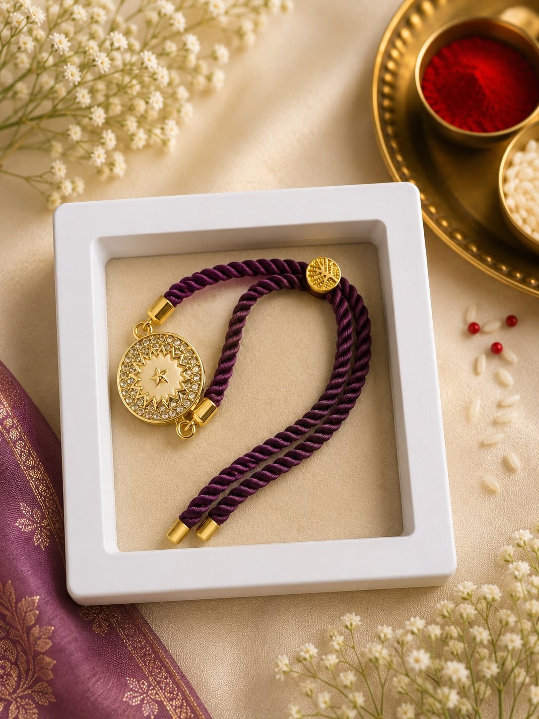 Premium Starburst Crystal Adjustable Rope Rakhi with Gift Box included & Roli Tikka