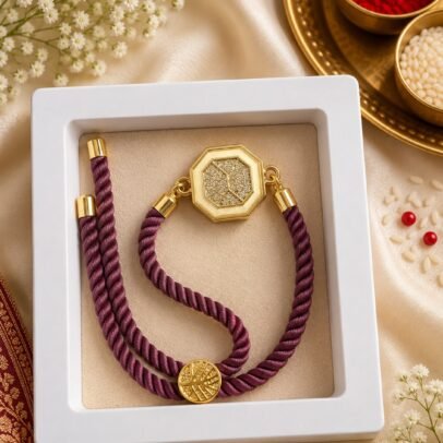 Premium Geometric Gold Adjustable Rope Rakhi with Gift Box included &  Roli Tikka
