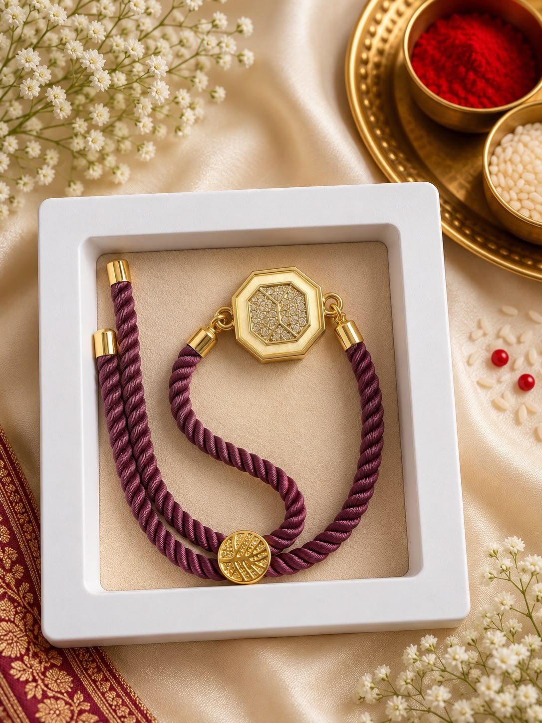Premium Geometric Gold Adjustable Rope Rakhi with Gift Box included & Roli Tikka