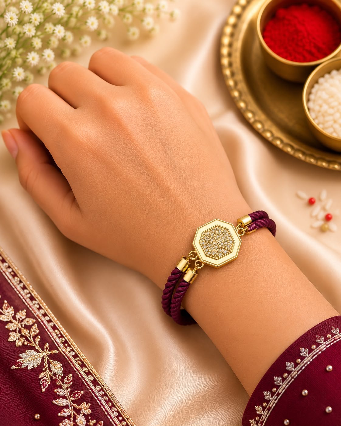 Premium Geometric Gold Adjustable Rope Rakhi with Gift Box included & Roli Tikka - Image 2