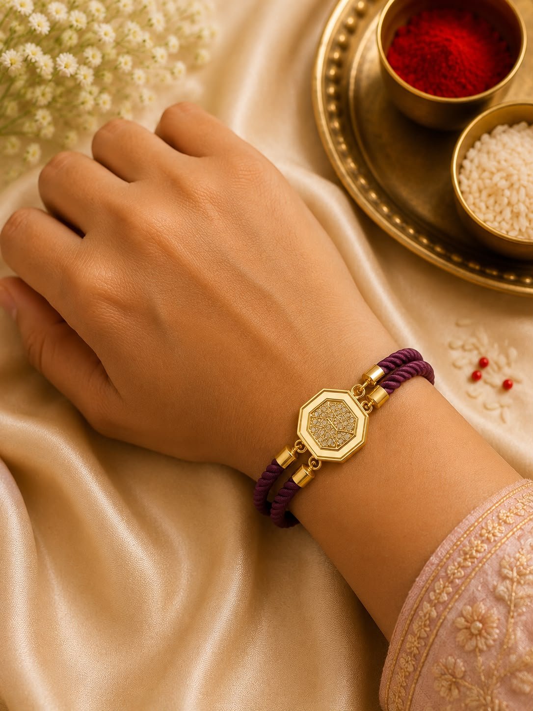 Premium Geometric Gold Adjustable Rope Rakhi with Gift Box included & Roli Tikka - Image 3