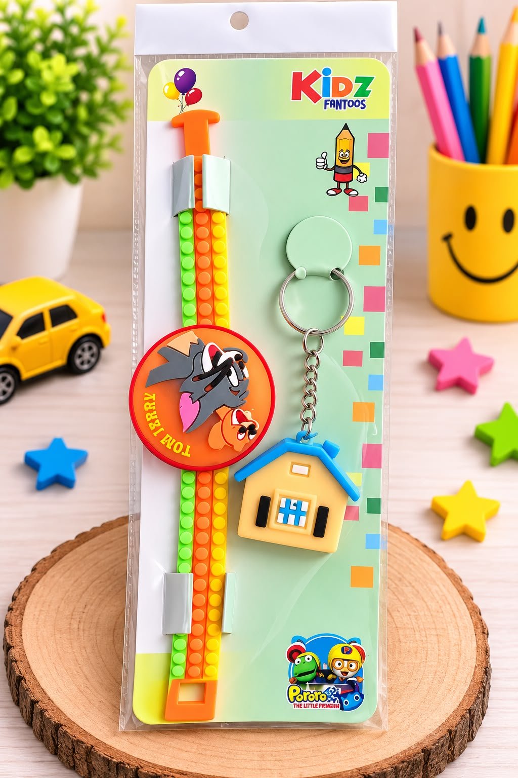 Tom & Jerry Silicone Slap Band Rakhi with House Keychain for Kids,LED Light & Roli Tikka | Raksha Bandhan Gift