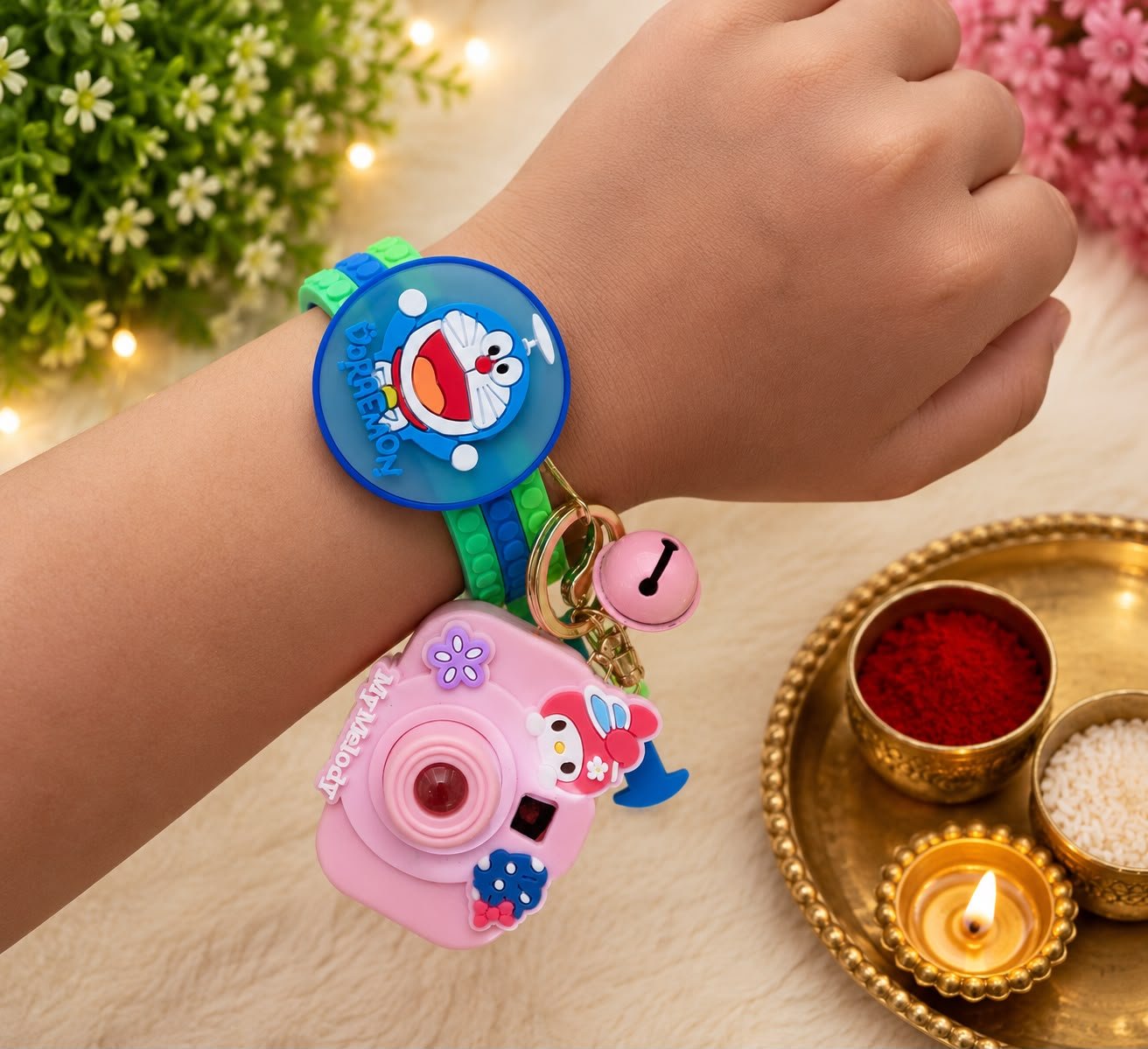 Doraemon Kids Rakhi Gift Set with Mini Camera Keychain, Light Projector & Adjustable Silicone Wrist Band with LED Light