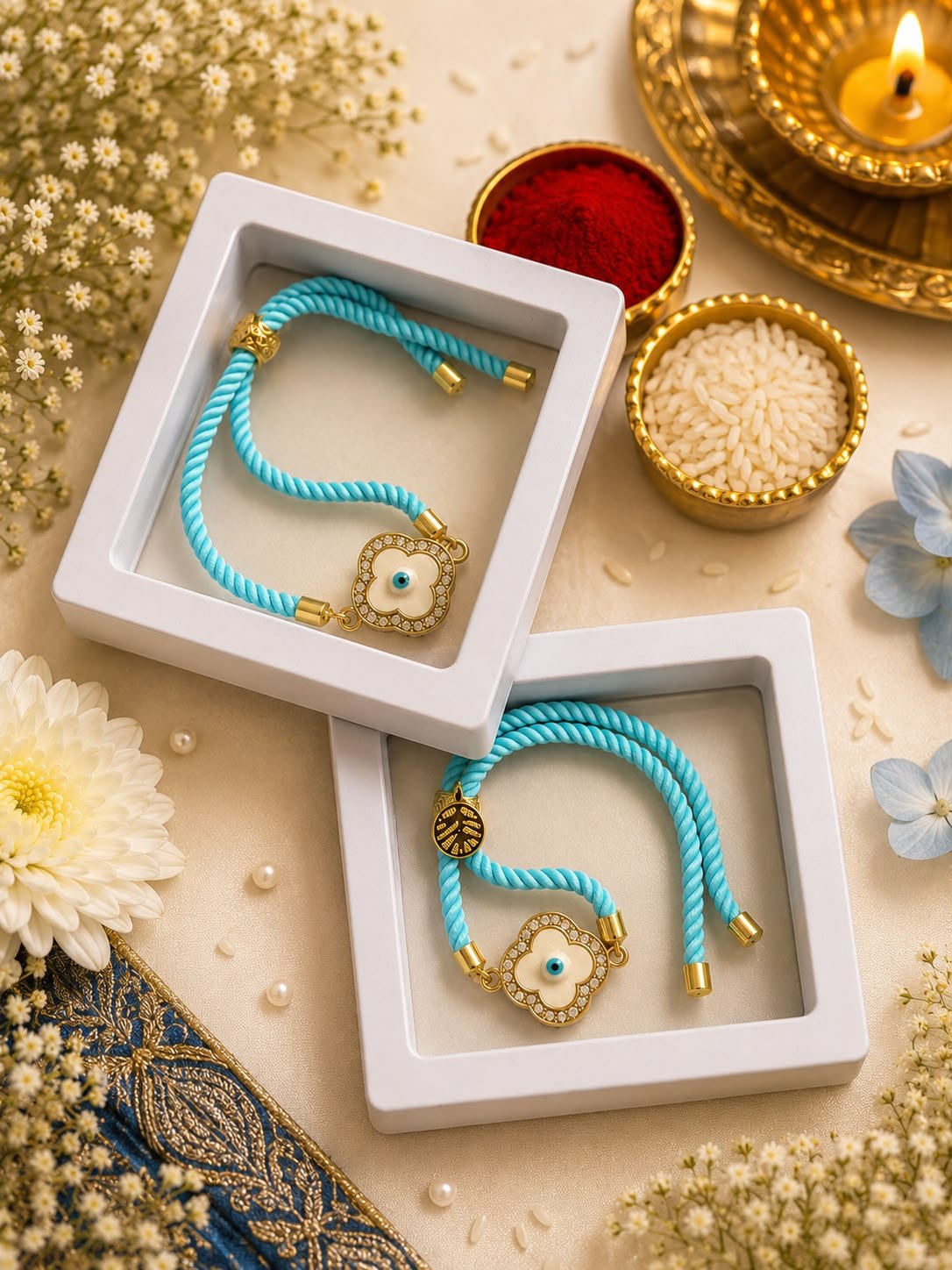 Premium Blue Evil Eye Adjustable Rope Rakhi with Jewelley Gift Box included & Roli Tikka