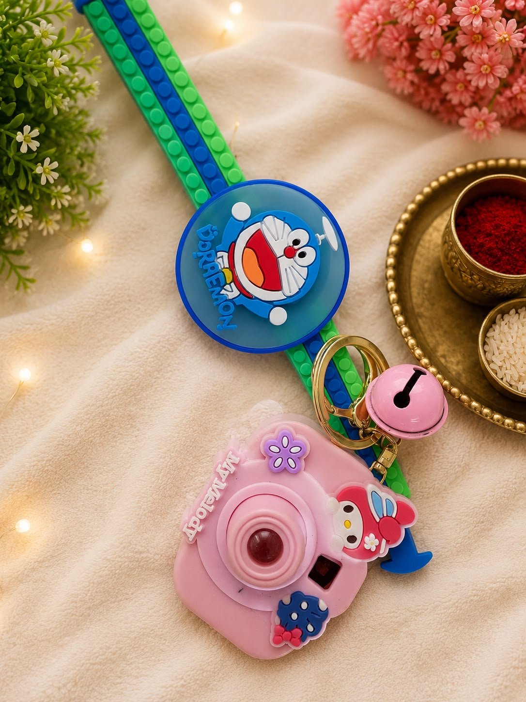 Doraemon Kids Rakhi Gift Set with Mini Camera Keychain, Light Projector & Adjustable Silicone Wrist Band with LED Light - Image 2