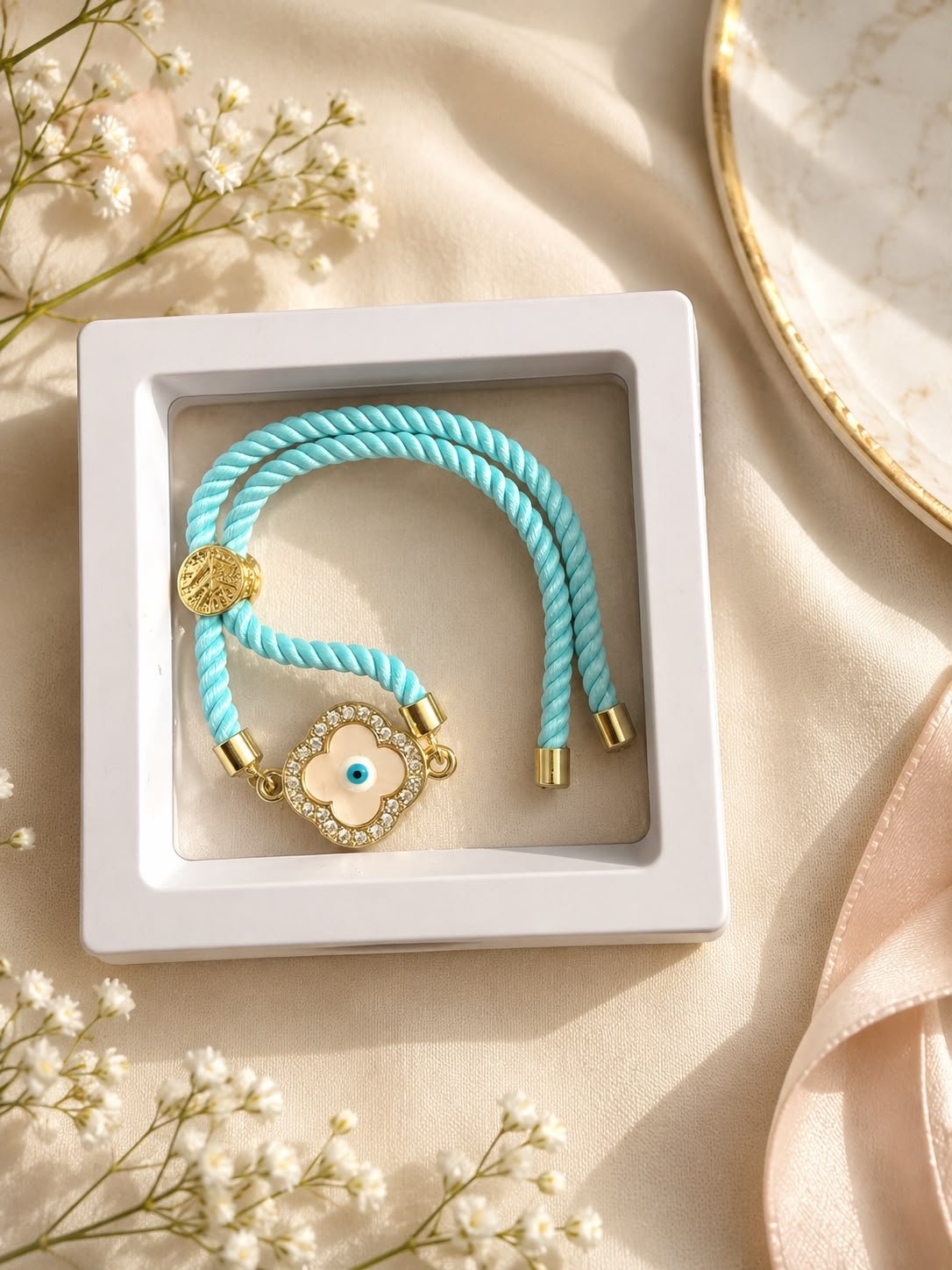 Premium Blue Evil Eye Adjustable Rope Rakhi with Jewelley Gift Box included & Roli Tikka - Image 2