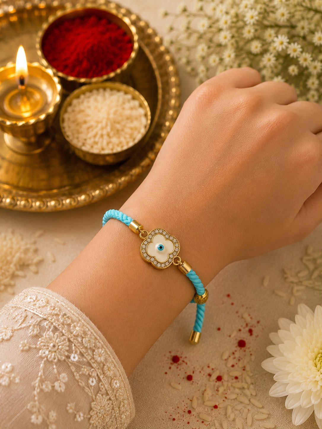 Premium Blue Evil Eye Adjustable Rope Rakhi with Jewelley Gift Box included & Roli Tikka - Image 3