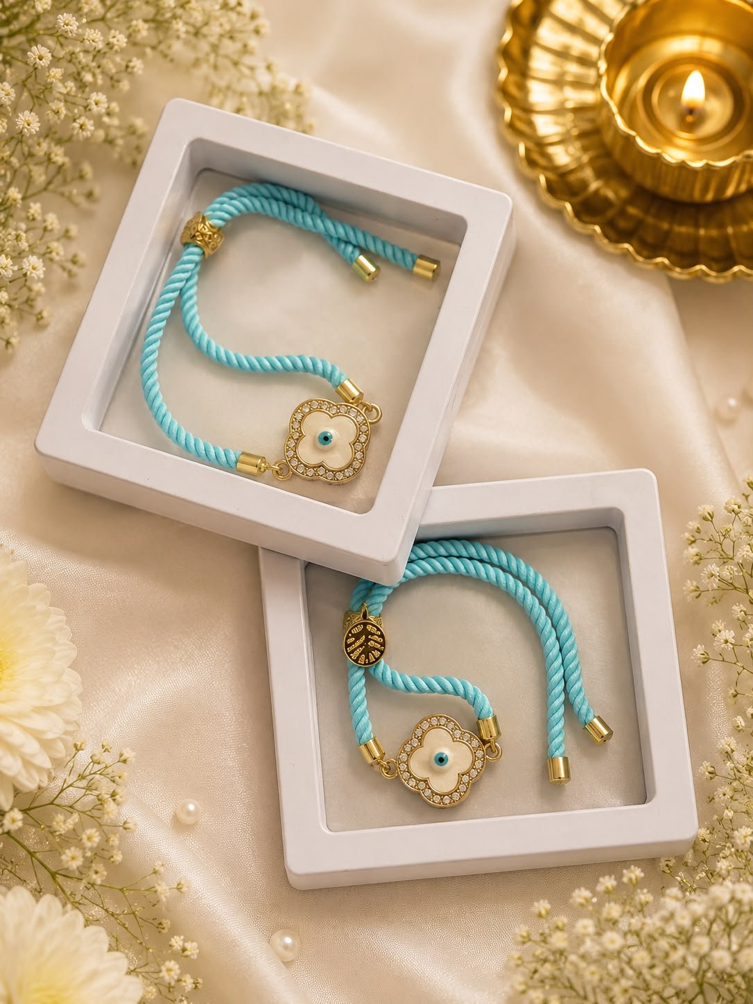 Premium Blue Evil Eye Adjustable Rope Rakhi with Jewelley Gift Box included & Roli Tikka - Image 4