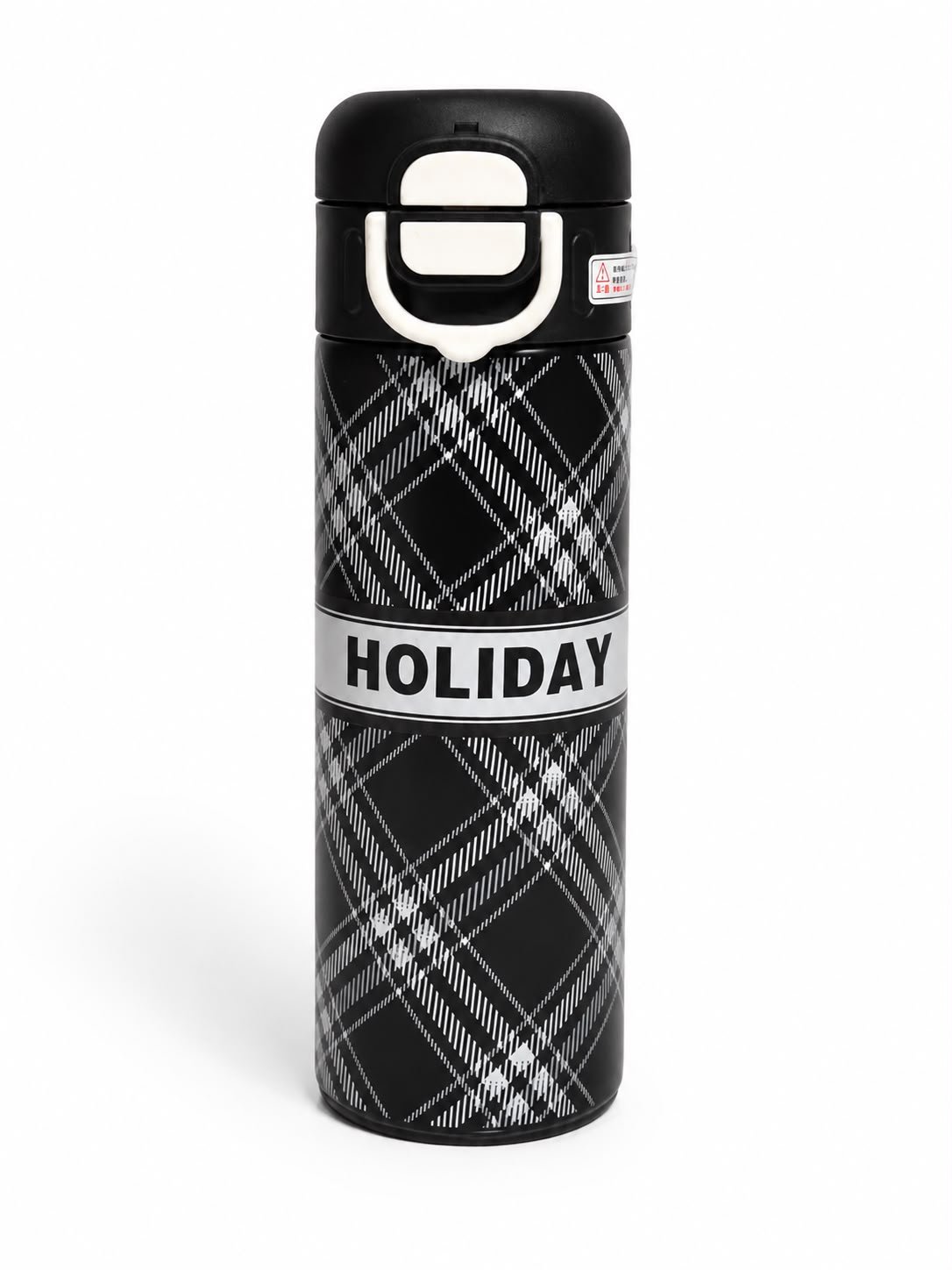 Stainless Steel 2 in 1 Vacuum Insulated Water Bottle with Flip Lid & Straw, Leakproof Thermal Flask, Black Checkered Design, 520 ml
