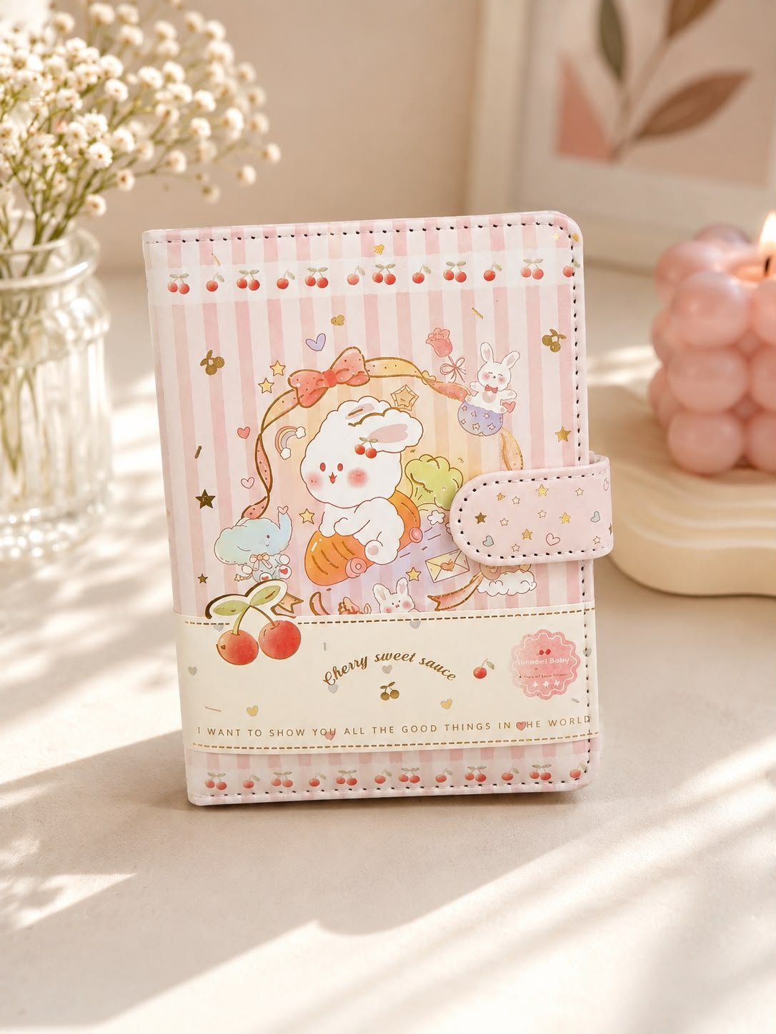 Cute Kawaii Bunny Printed Diary Cover with Strap – Pink A5 Journal - Image 2