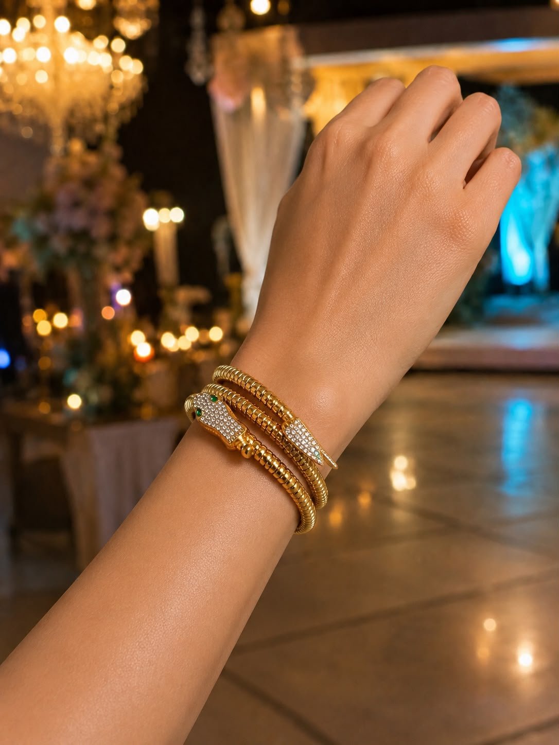 Anti Tarnish Snake Design Gold-Plated Bracelet / Crystal Studded Serpentine Wrap Bracelet / Premium Fashion Jewellery - Image 2