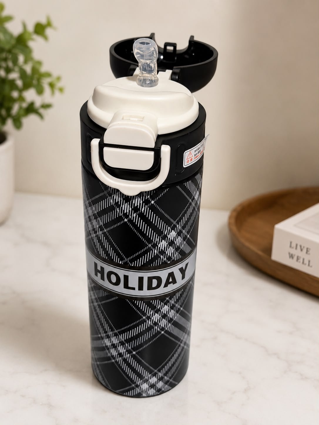 Stainless Steel 2 in 1 Vacuum Insulated Water Bottle with Flip Lid & Straw, Leakproof Thermal Flask, Black Checkered Design, 520 ml - Image 2