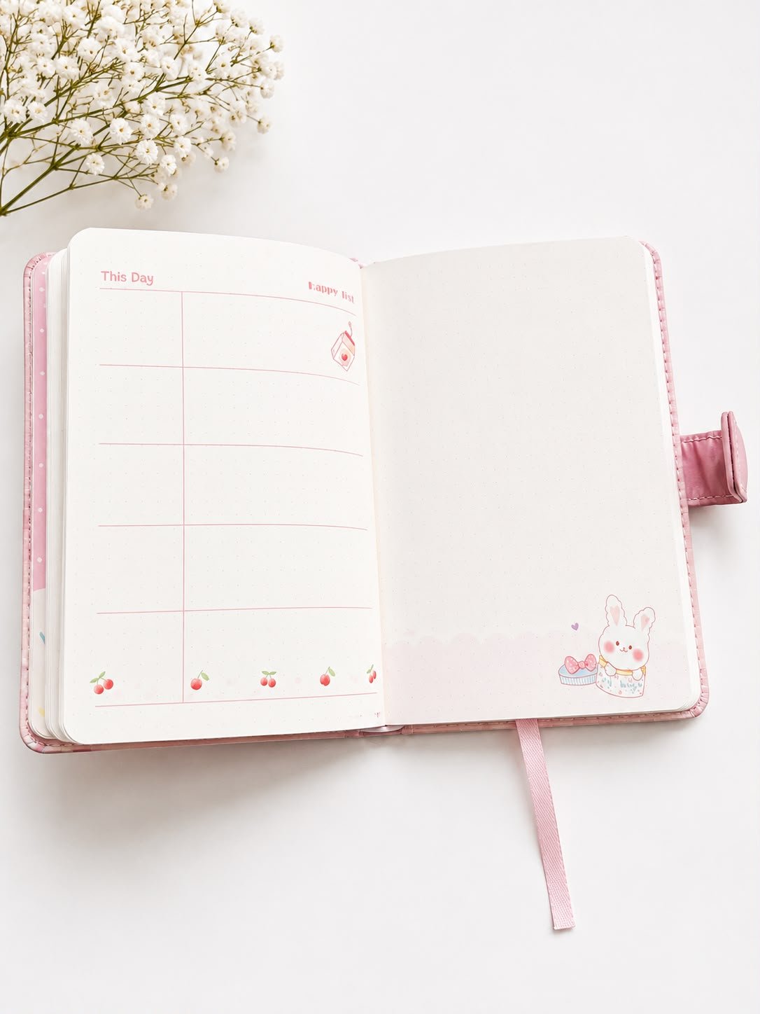 Cute Kawaii Bunny Printed Diary Cover with Strap – Pink A5 Journal - Image 3
