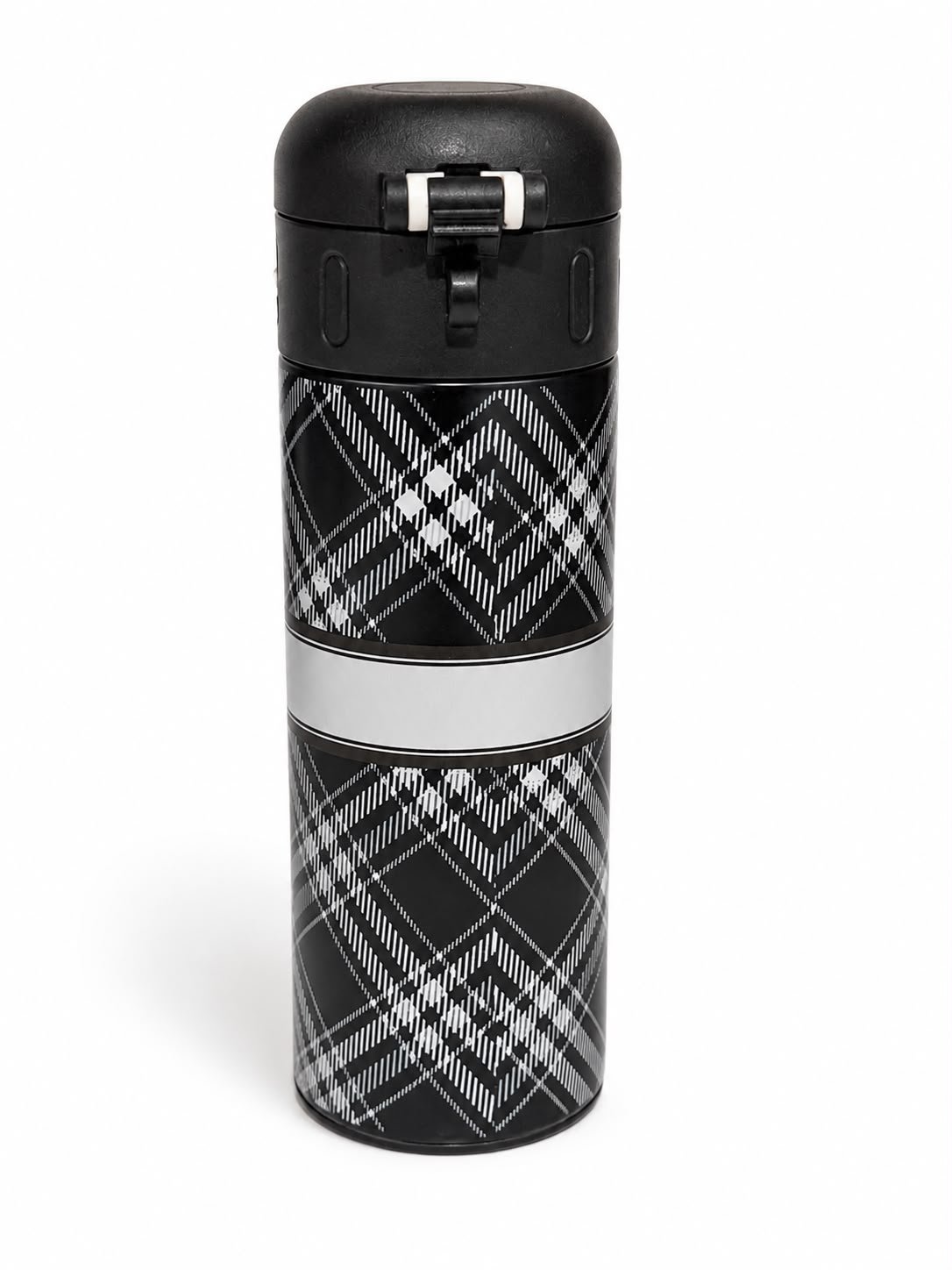 Stainless Steel 2 in 1 Vacuum Insulated Water Bottle with Flip Lid & Straw, Leakproof Thermal Flask, Black Checkered Design, 520 ml - Image 4