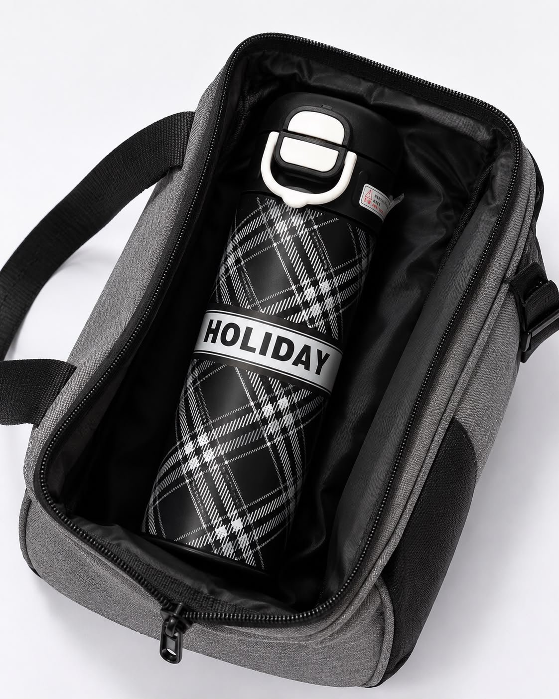 Stainless Steel 2 in 1 Vacuum Insulated Water Bottle with Flip Lid & Straw, Leakproof Thermal Flask, Black Checkered Design, 520 ml - Image 5