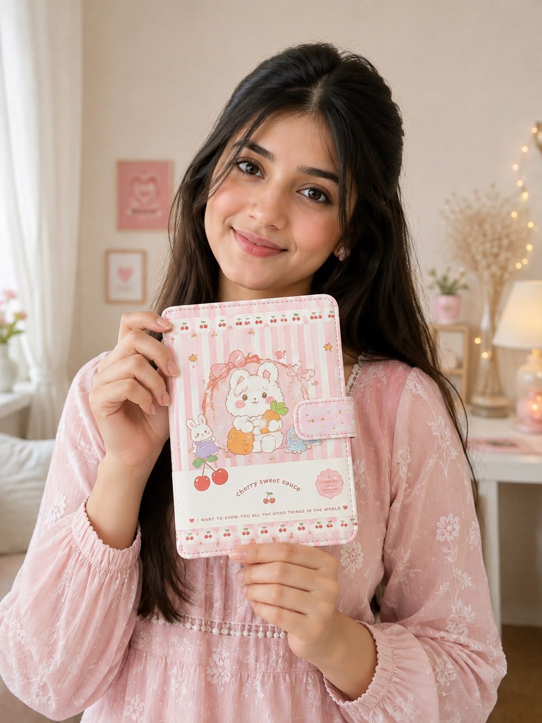 Cute Kawaii Bunny Printed Diary Cover with Strap – Pink A5 Journal - Image 5