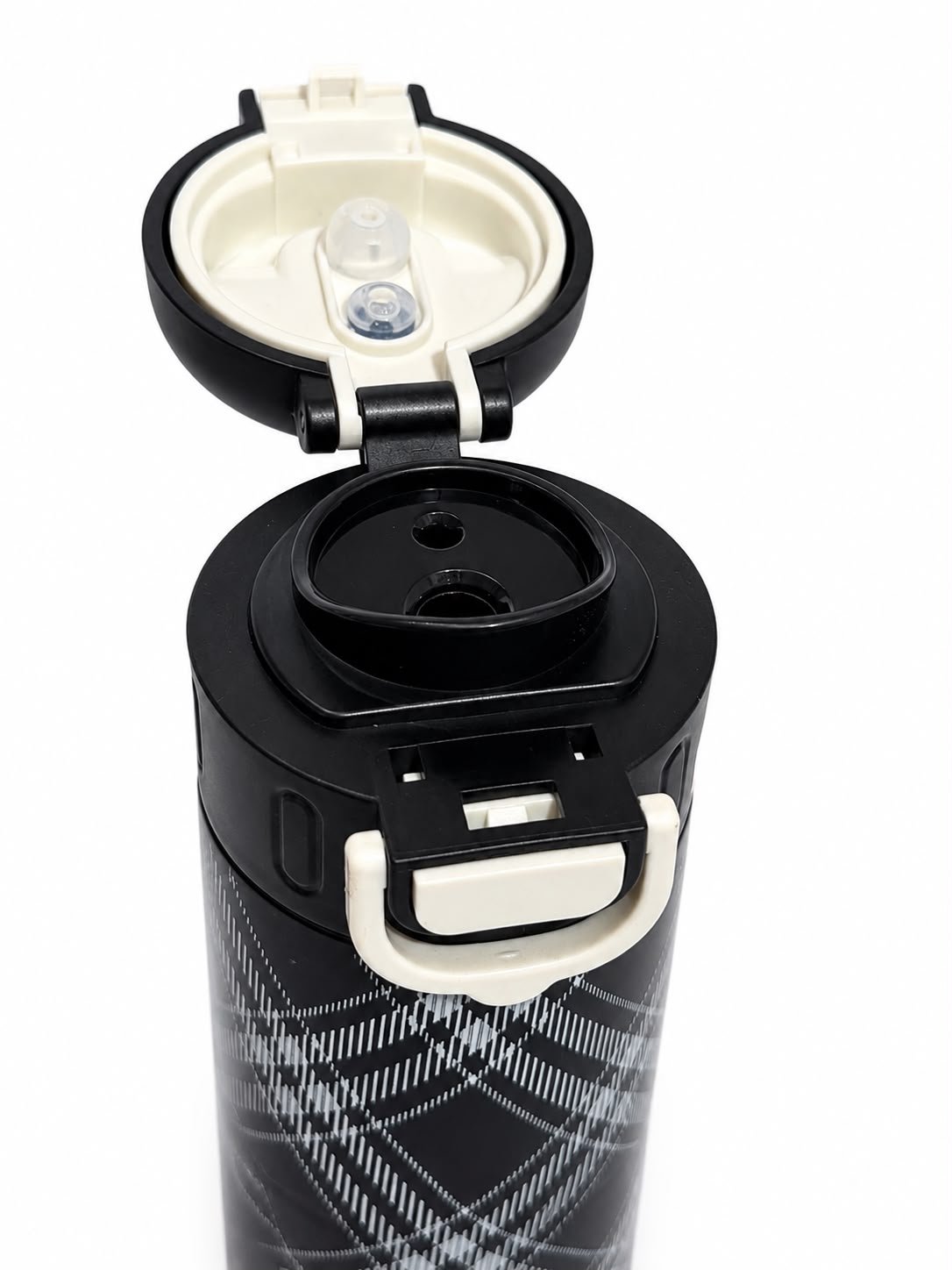 Stainless Steel 2 in 1 Vacuum Insulated Water Bottle with Flip Lid & Straw, Leakproof Thermal Flask, Black Checkered Design, 520 ml - Image 6