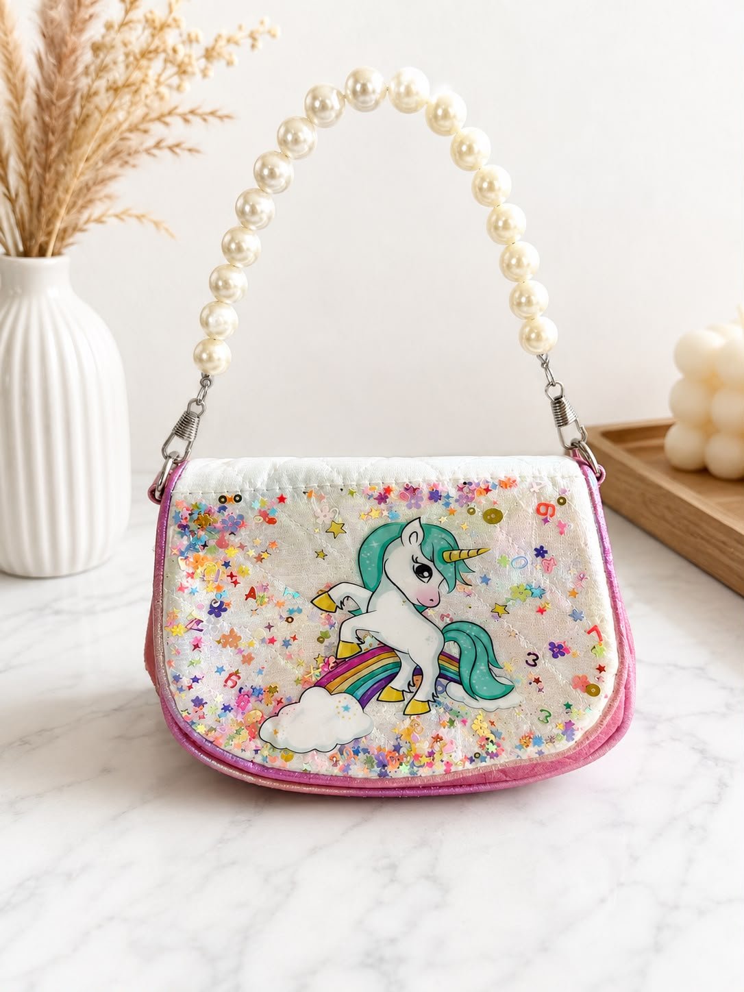 Cute Printed Pearl Handle Mini Handbag for Girls & Kids, Small Fashion Sling Purse with Pearl Handle - Image 22