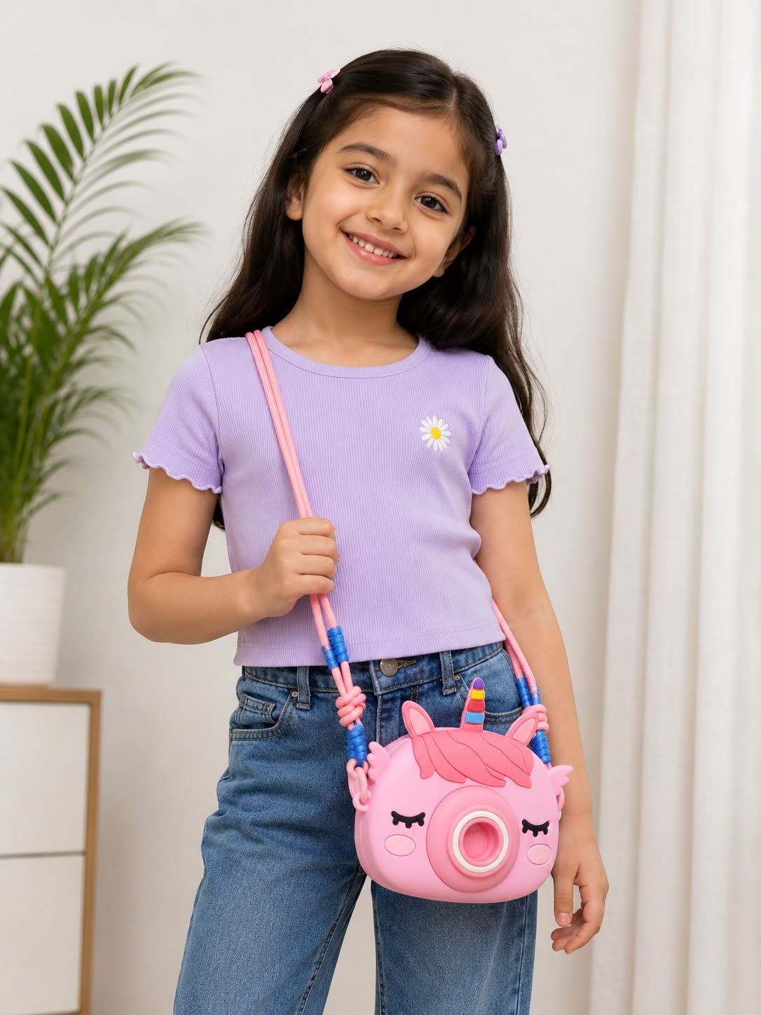 Kids Camera Shape Unicorn Sling Bag for Girls with Hair Comb,Keychain & Mirror included – Cute Cartoon Crossbody Shoulder Bag with Adjustable Rope Strap - Image 5